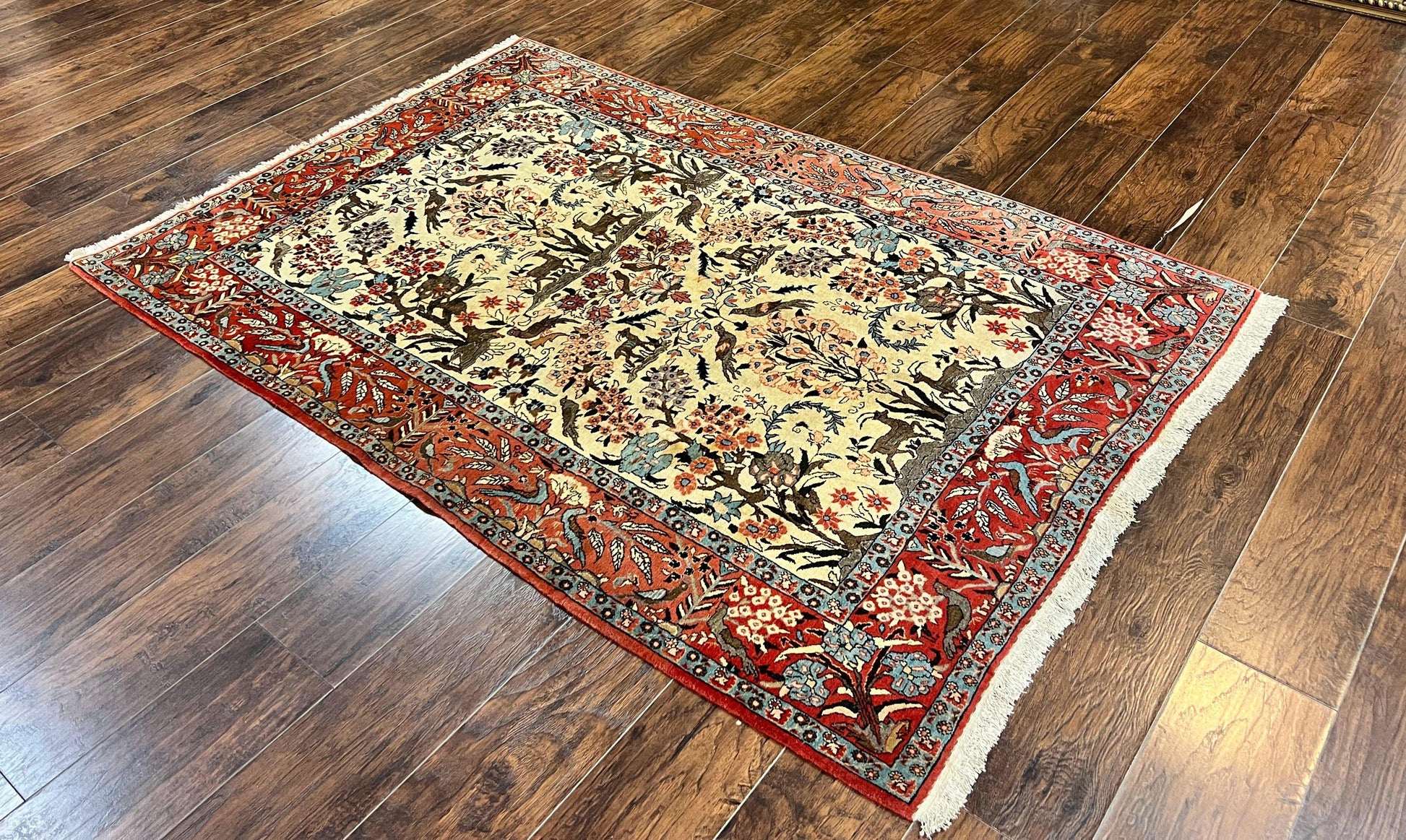Persian Tree of Life 5x7, Qum Rug, Animal Motifs, Deer Birds, Fine 225 KPSI, Semi Antique Vintage Handmade Wool Rug, Cream Red - Nuvé