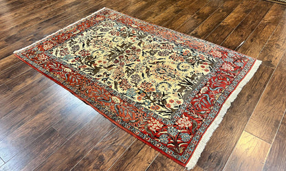 Persian Tree of Life 5x7, Qum Rug, Animal Motifs, Deer Birds, Fine 225 KPSI, Semi Antique Vintage Handmade Wool Rug, Cream Red - Nuvé