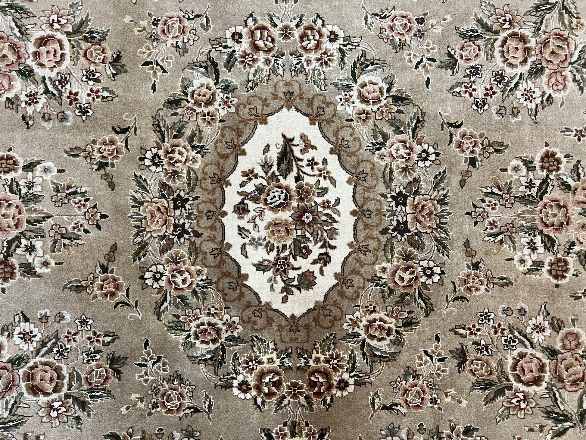 Sino Persian Rug 8x10, Soft Wool, Silk Highlights, Hand Knotted Vintage Carpet, Taupe & Ivory, Floral, Traditional Rug 8 x 10 - Nuvé