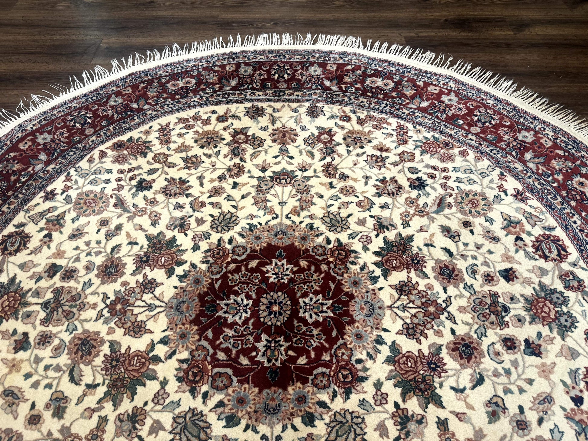 Round Sino Persian Rug 8x8, Wool and Silk, Floral Medallion, Ivory Dark Red - Nuvé