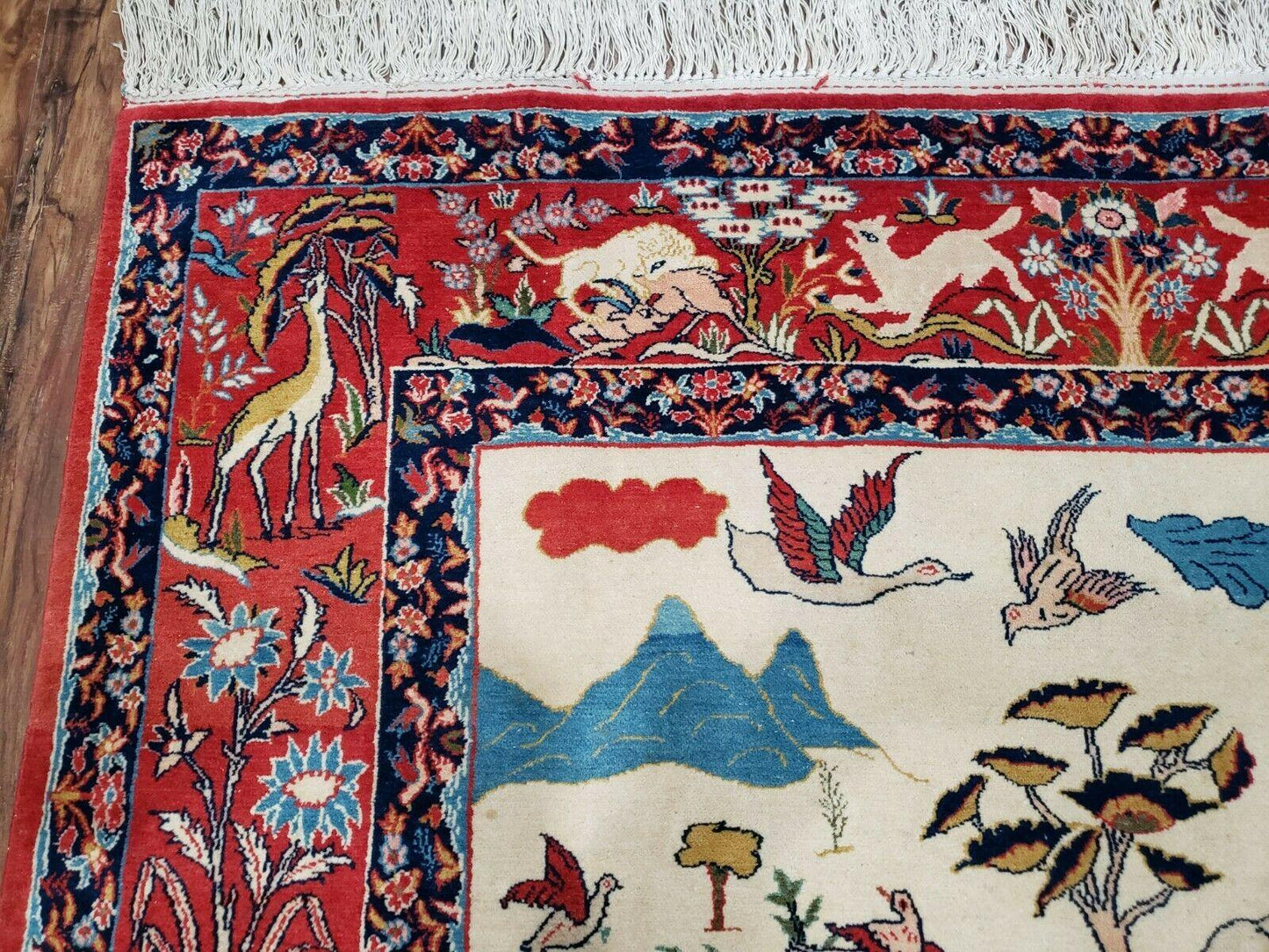 Antique Persian Isfahan Rug 5x7, Animal and Human Pictorials, Hand Knotted Fine Oriental Wool Carpet, Cream and Red, High KPSI, Vintage Rug 5 x 7 ft - Nuvé