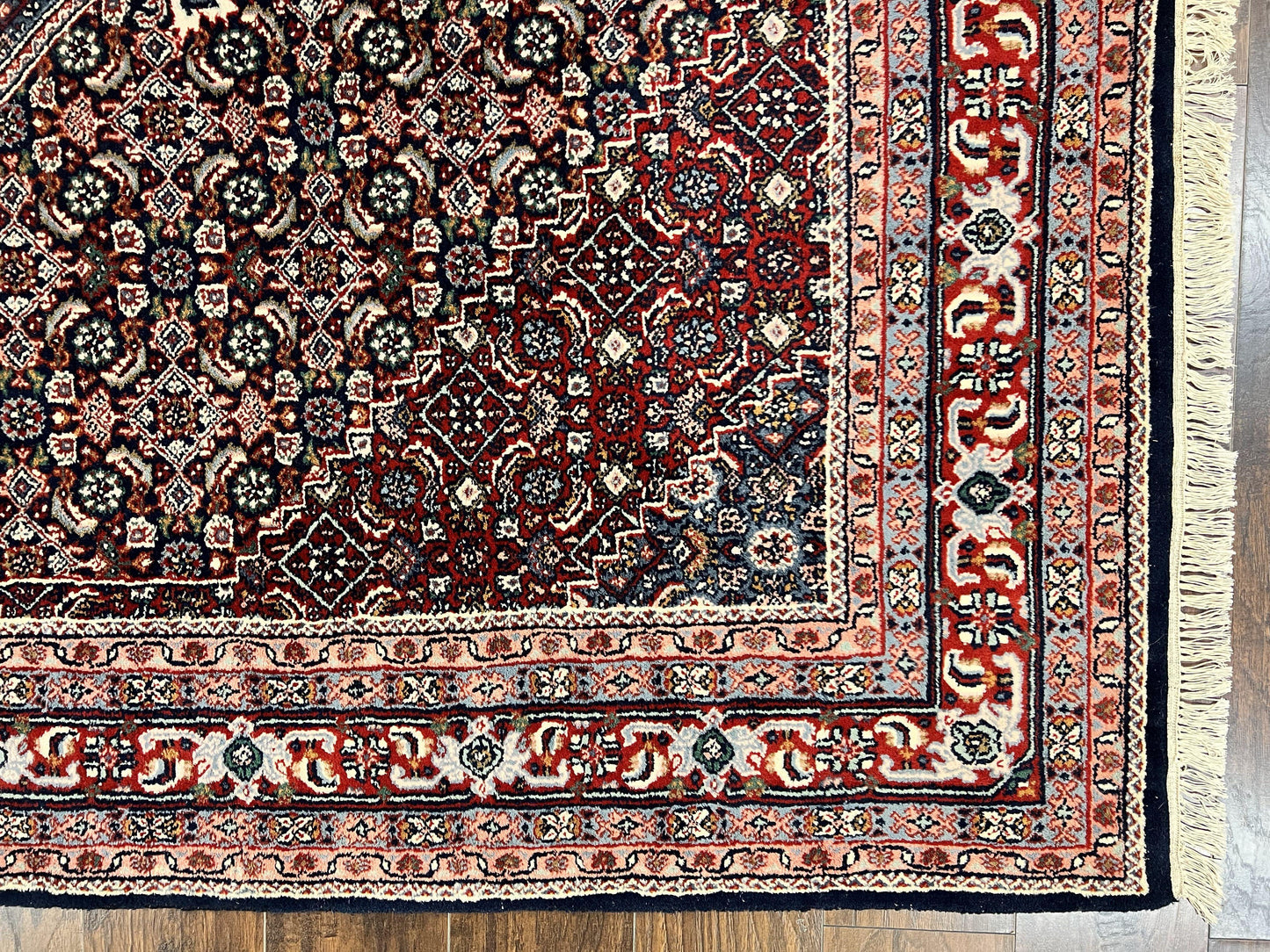 Indo Persian Rug 7x10, Dark Blue and Red Hand Knotted Wool Vintage Oriental Carpet 7 x 10 ft, Handmade Bidjar Rug, Herati Pattern Indian Rug - Nuvé