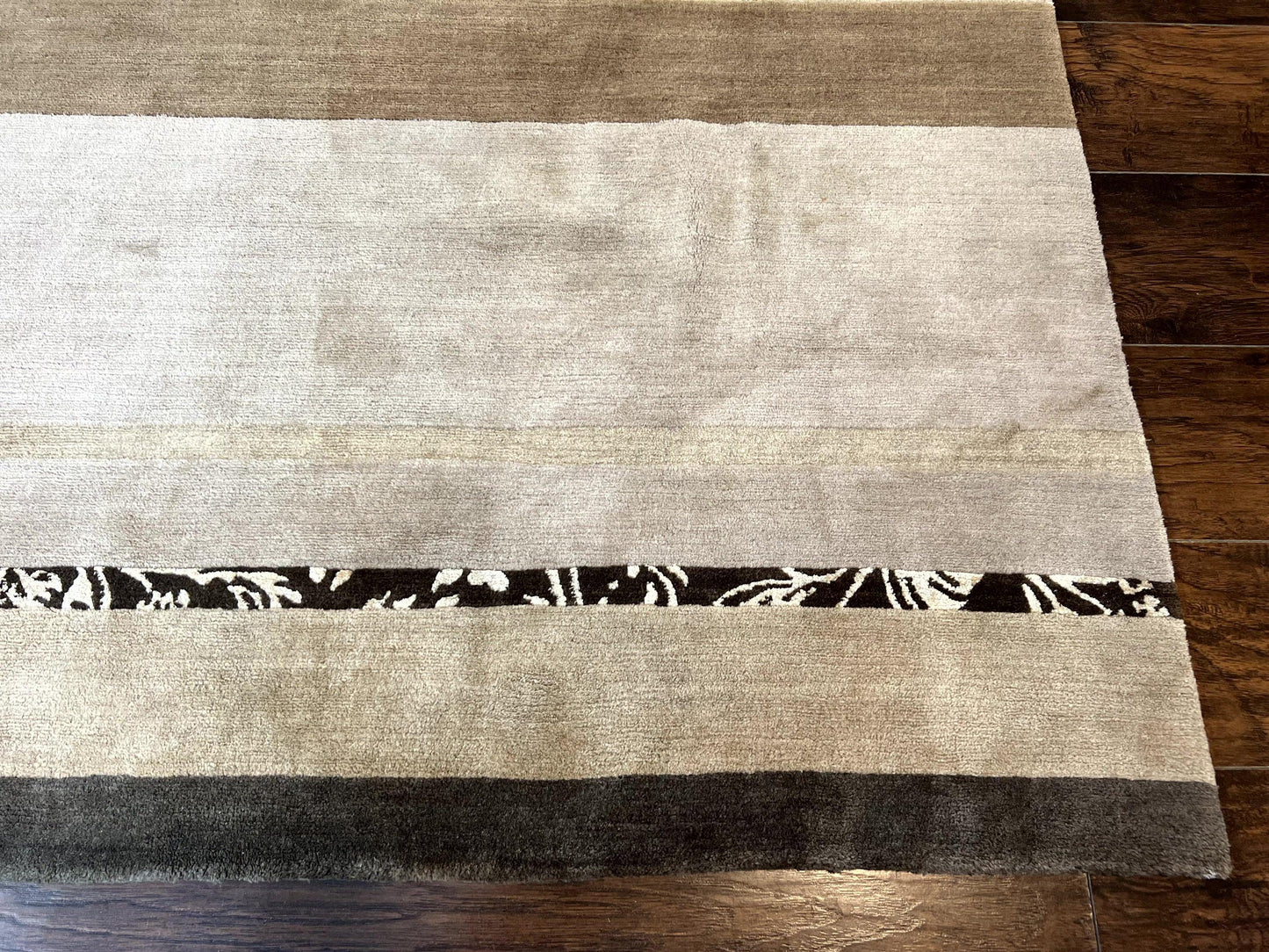 Modern Tibetan Nepali Rug 8x12, Stripe Pattern, Wool with Silk Highlights, Handmade, Beige Tan Brown - Nuvé