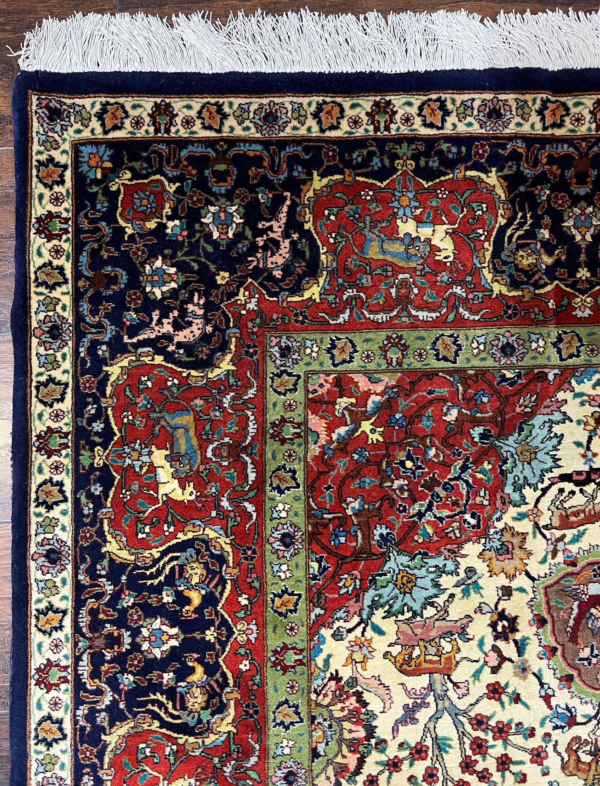 Wonderful Sino Persian Rug 6x10 with Animal Pictorial Motifs, Cream Dark Red Navy Blue, Birds Gazelles, Two Medallions, Top Quality Handmade - Nuvé