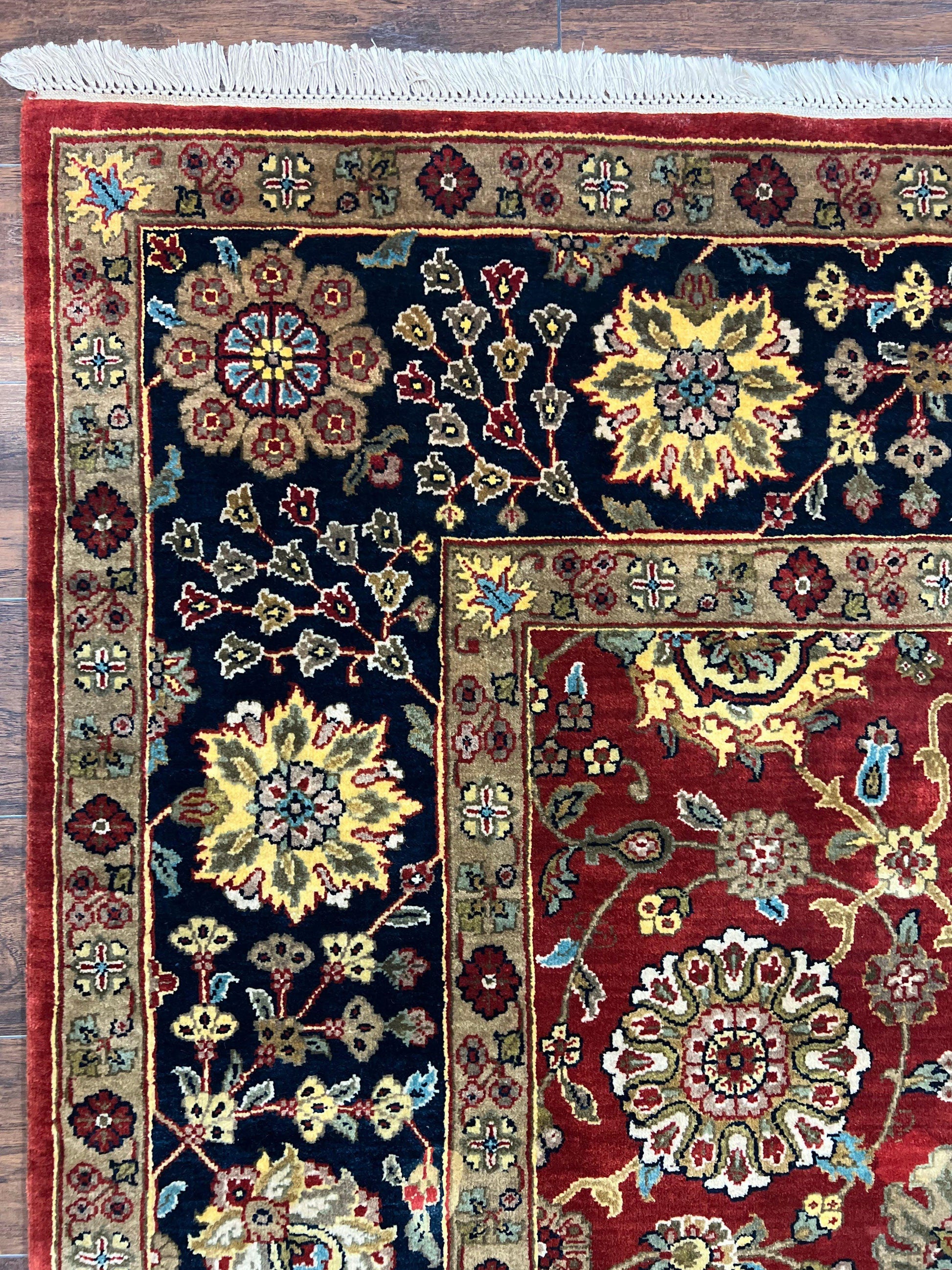 Indo Persian Rug 9x12, Hand Knotted Traditional Indian Wool Oriental Carpet 9 x 12 ft, Maroon and Navy Blue, Floral Allover 9x12 Vintage Rug - Nuvé
