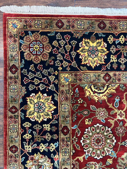 Indo Persian Rug 9x12, Hand Knotted Traditional Indian Wool Oriental Carpet 9 x 12 ft, Maroon and Navy Blue, Floral Allover 9x12 Vintage Rug - Nuvé