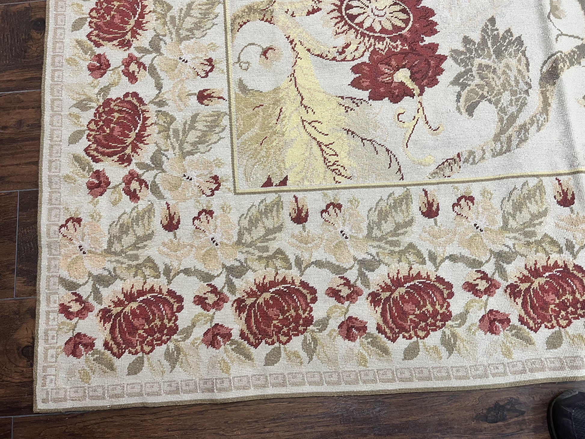 Extra Large Needlepoint Rug 14 x 20, Vintage Handwoven Handmade Wool Flatweave Carpet, Allover Floral Pattern, Elegant European Deisgn Rug - Nuvé