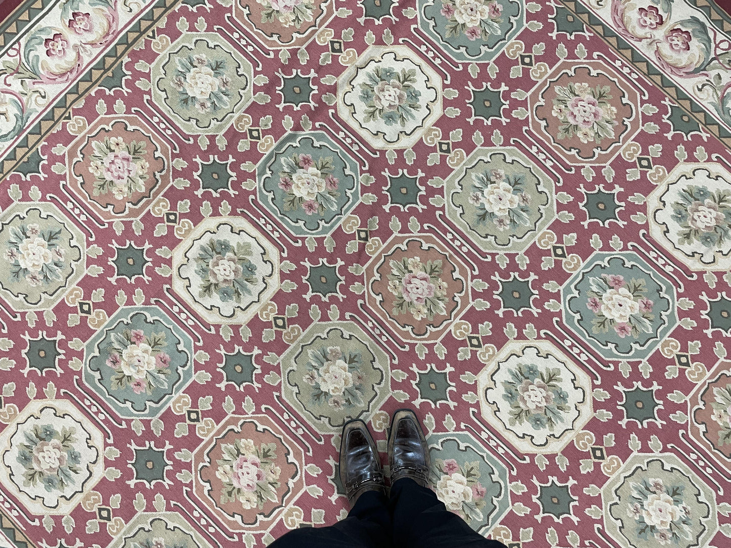 9x9 Square Rug Hand Knotted, Needlepoint Aubusson Carpet, Blush Red, Beige, Green, New, Mint Condition Area Rug, English European Design - Nuvé