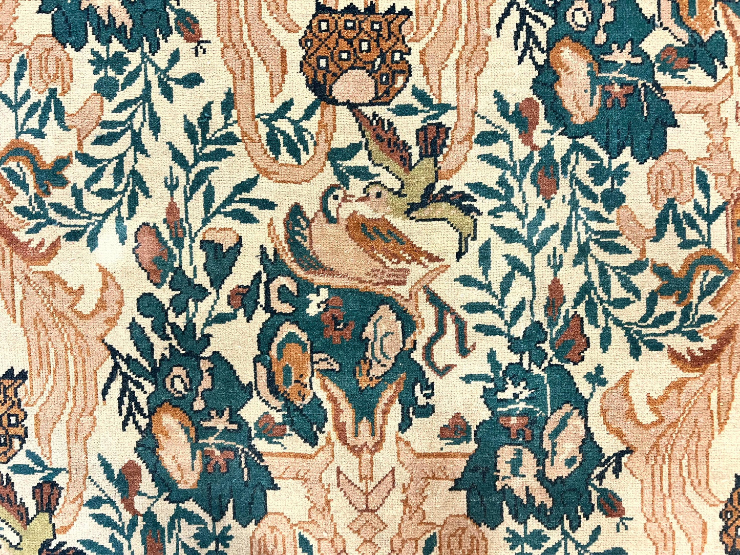 10x13 Wool Rug, Floral Pattern, Birds, Handmade Vintage Carpet, Couristan Rug, Beige - Nuvé