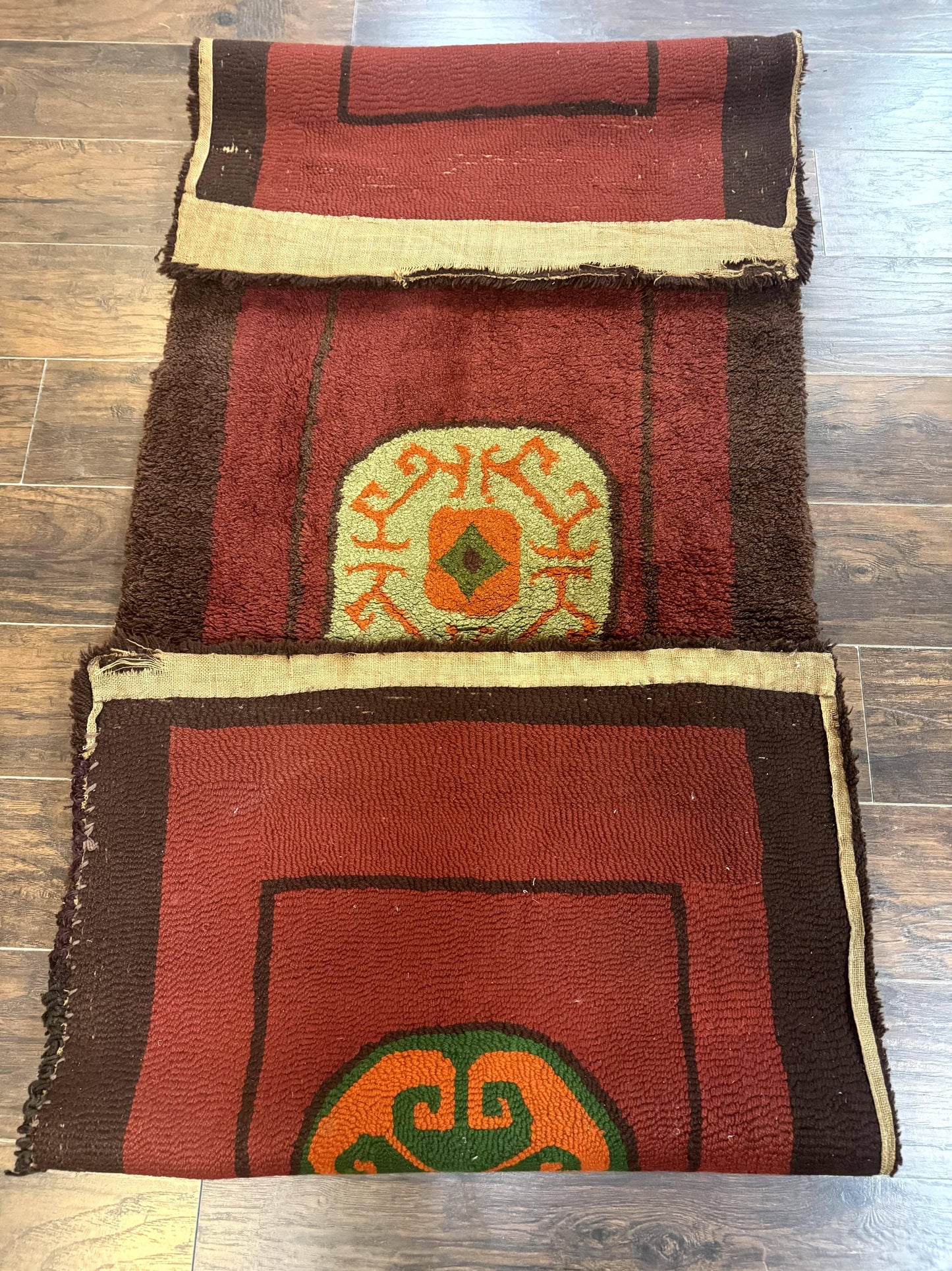 German Hooked Runner Rug 3x8, Vintage, Red, Wool - Nuvé