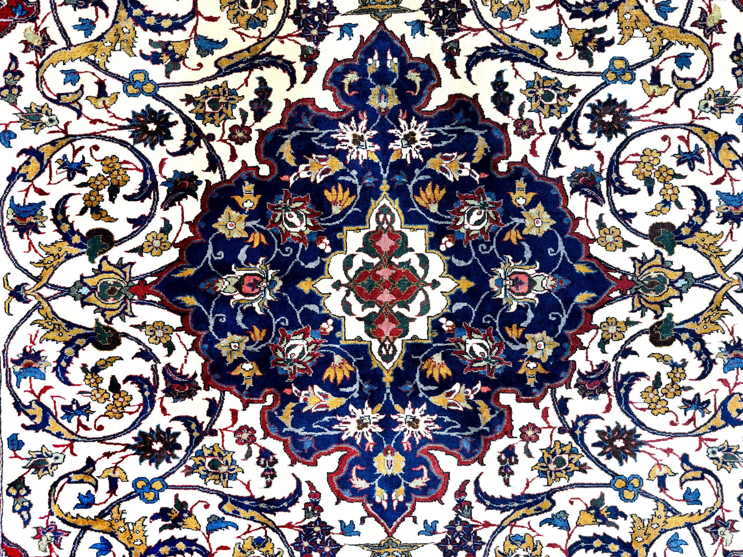 Wonderful Persian Isfahan Rug 7x9, Ivory Navy Blue Red, Floral Medallion, Very Finely Hand Knotted 260 KPSI, Handmade Wool Vintage Rug - Nuvé