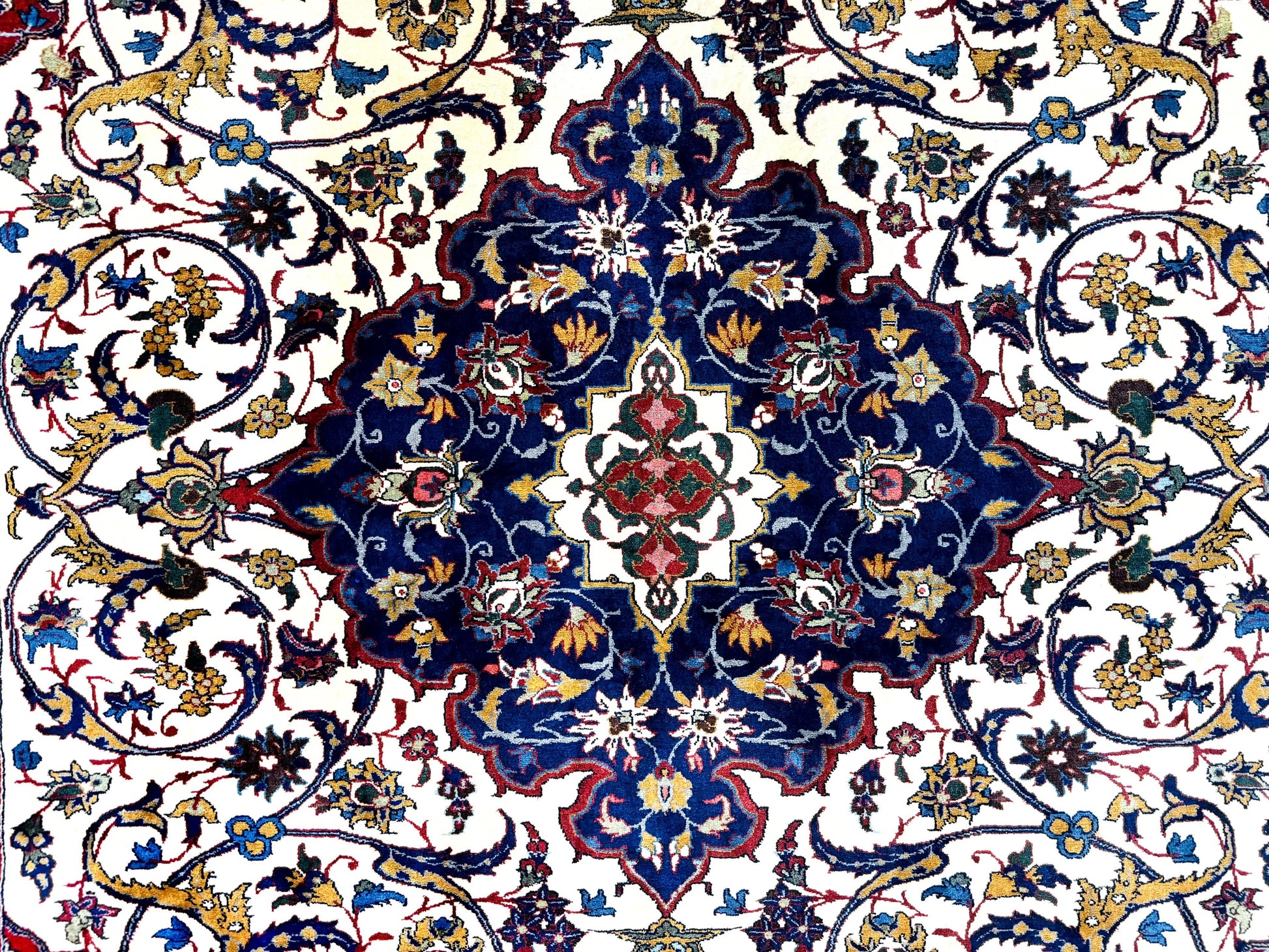 Wonderful Persian Isfahan Rug 7x9, Ivory Navy Blue Red, Floral Medallion, Very Finely Hand Knotted 260 KPSI, Handmade Wool Vintage Rug - Nuvé