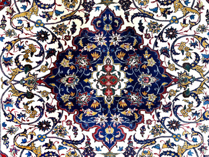 Wonderful Persian Isfahan Rug 7x9, Ivory Navy Blue Red, Floral Medallion, Very Finely Hand Knotted 260 KPSI, Handmade Wool Vintage Rug - Nuvé