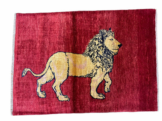 3 X 5 Handmade Hand-Knotted Quality Wool Rug New Vintage Lion Red Pictorial - Nuvé