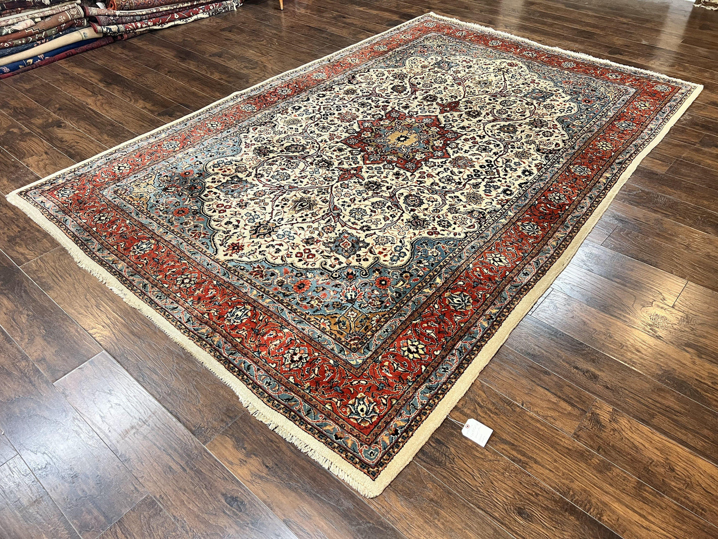 Persian Sarouk Rug 8x12, Wool Hand Knotted Antique Carpet, Floral Medallion, Cream Red, Traditional Oriental Rug - Nuvé