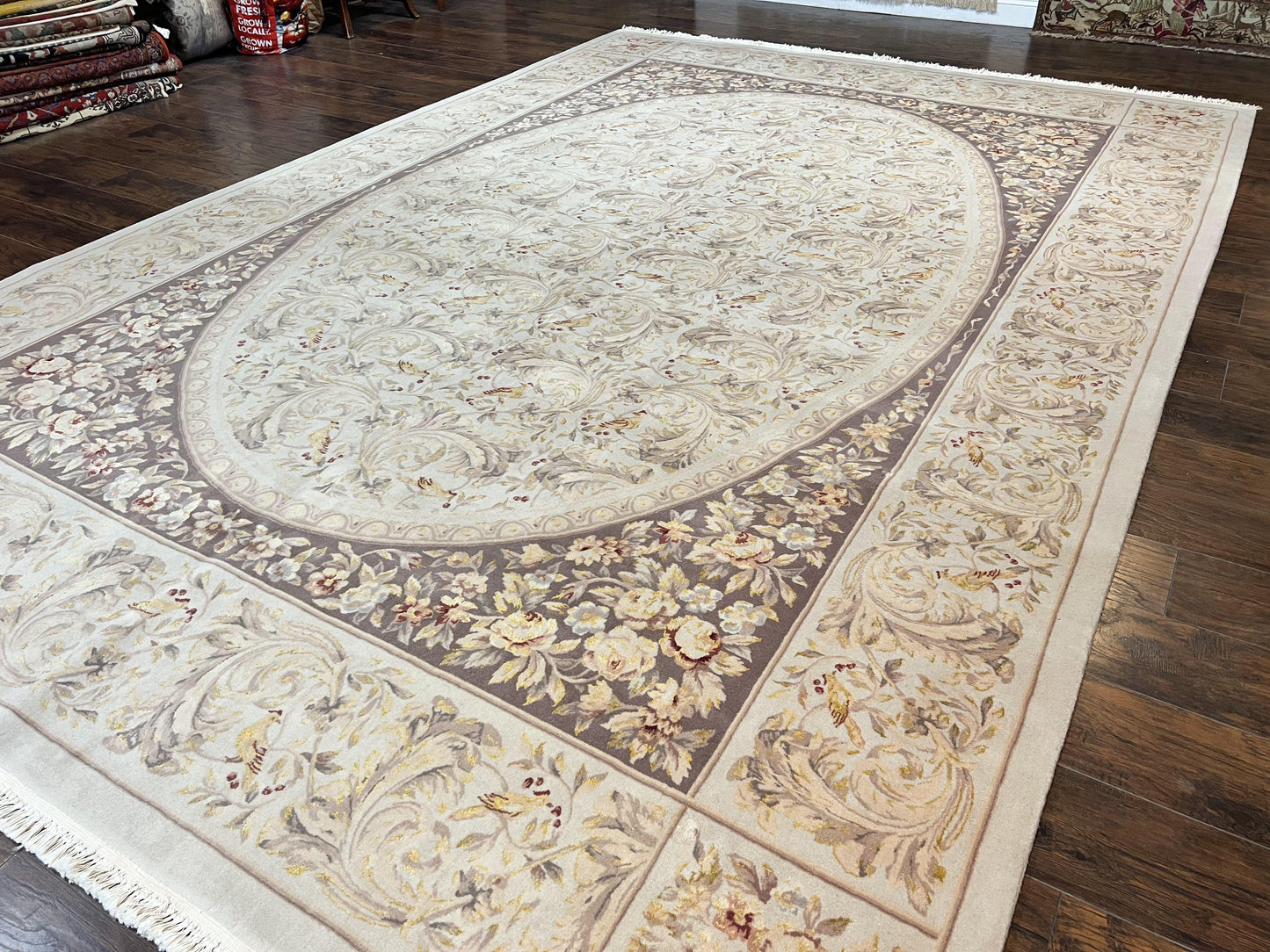Aubusson Rug 10x14, Wool & Silk Highlights Hand Knotted Vintage Carpet, Birds Flowers, Fine Details, Elegant - Nuvé
