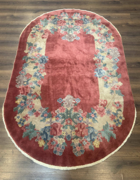 Oval Chinese Peking Rug 5x8, Pink, Floral, Vintage Chinese Wool Carpet - Nuvé