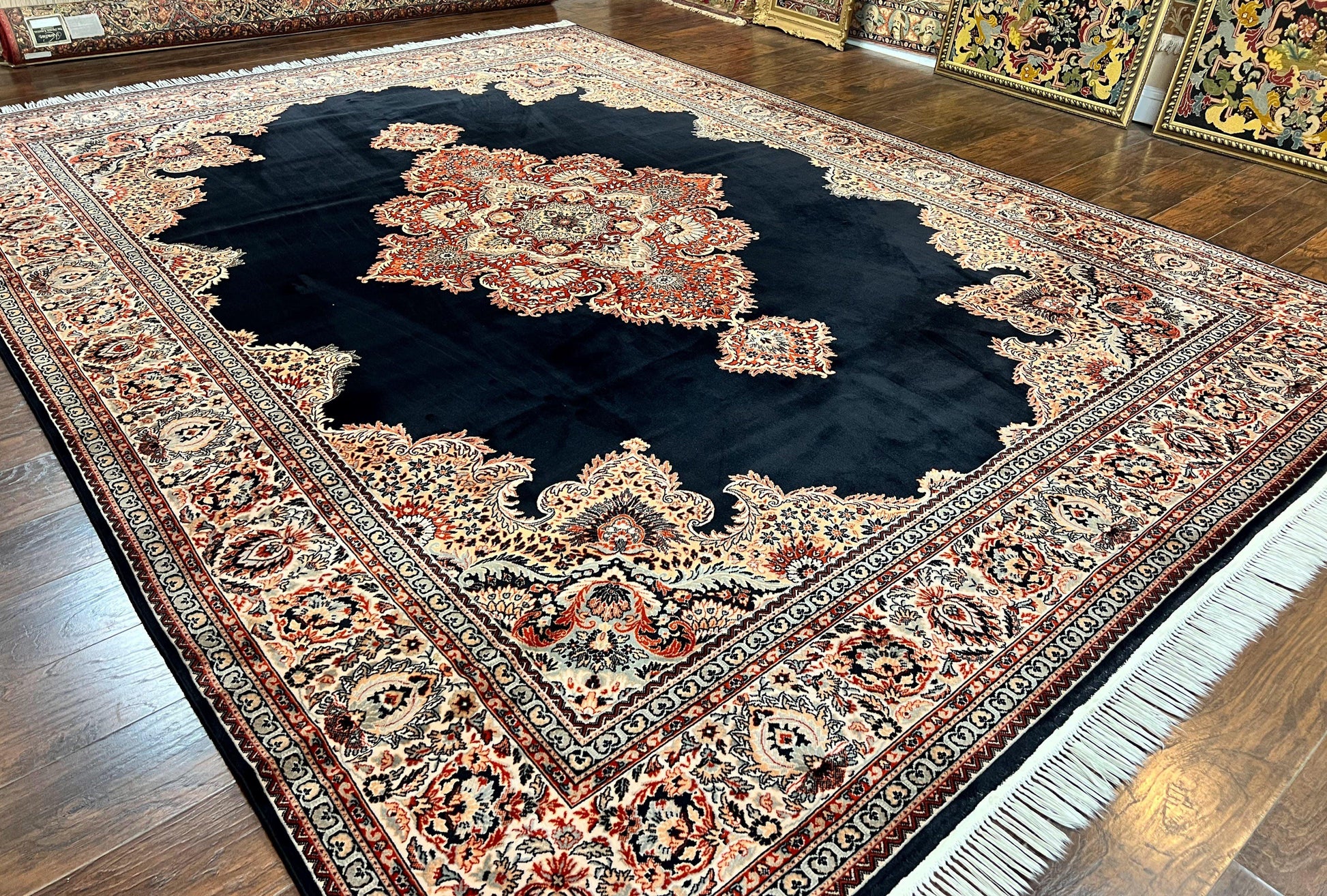 Karastan Rug 10x13, Karastan Ebony Kirman Rug, Room SIzed Wool Pile Vintage Karastan Carpet, Belgium Power Loomed Rug, Black Semi Open Field - Nuvé