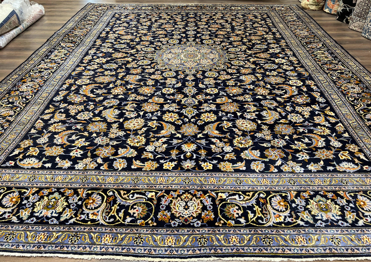 Wonderful Navy Blue Persian Kashan Rug 11x13, Allover Floral Design with Central Medallion, Wool Hand-Knotted Antique Carpet, Signed Rabani Rug - Nuvé