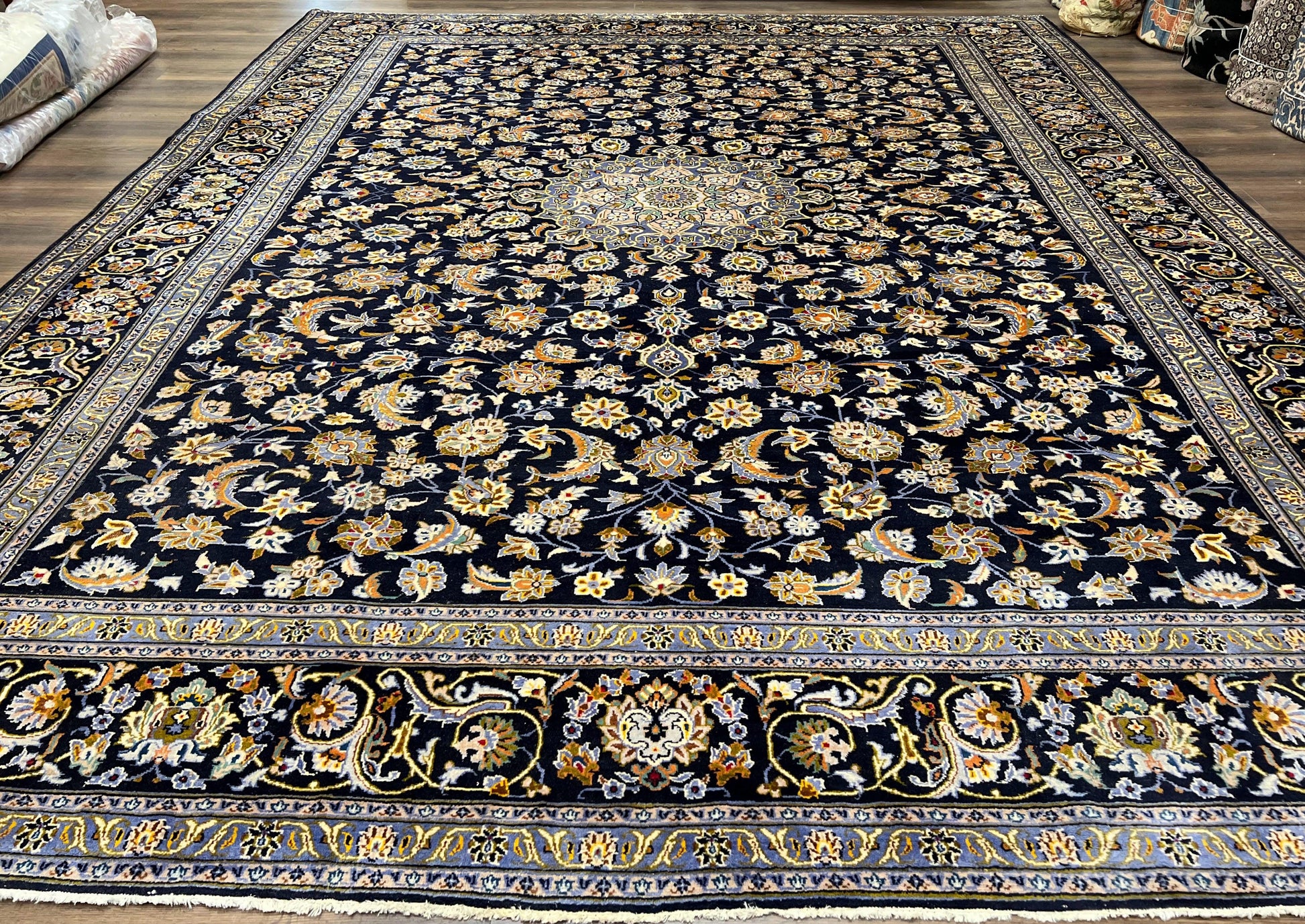 Wonderful Navy Blue Persian Kashan Rug 11x13, Allover Floral Design with Central Medallion, Wool Hand-Knotted Antique Carpet, Signed Rabani Rug - Nuvé
