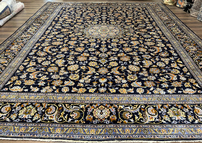 Wonderful Navy Blue Persian Kashan Rug 11x13, Allover Floral Design with Central Medallion, Wool Hand-Knotted Antique Carpet, Signed Rabani Rug - Nuvé