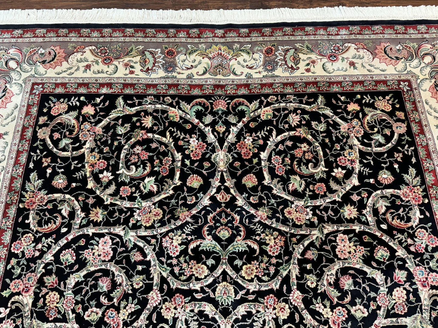 Black Pak Persian Rug 8x11, Floral Pattern, Hand Knotted Vintage Wool Rug with Silk Highlights, Fine 200 KPSI - Nuvé