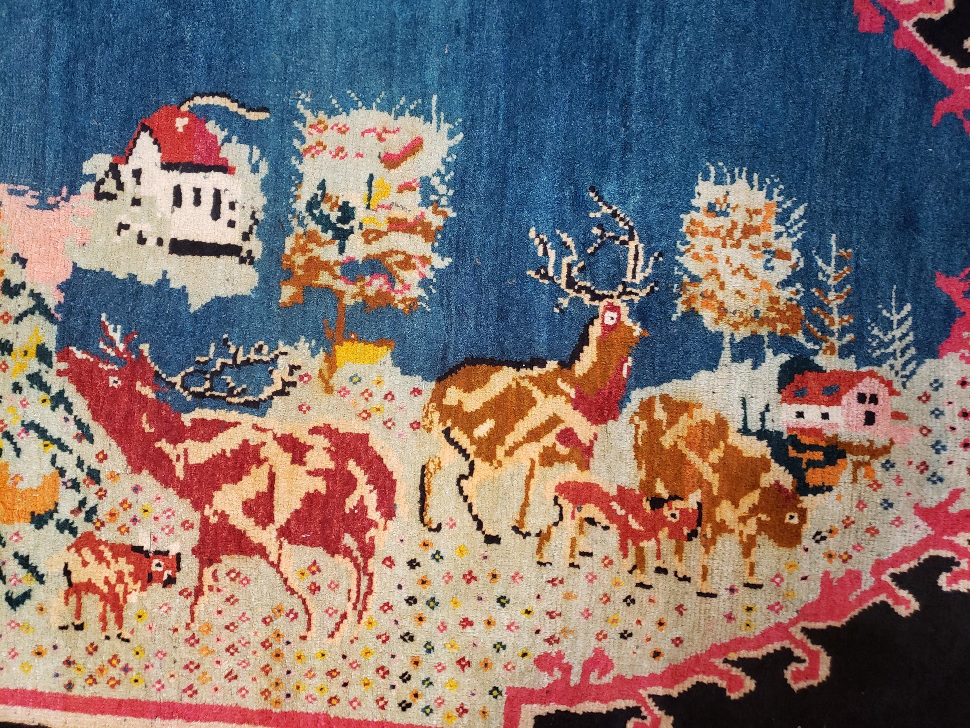 Antique Persian Pictorial Rug 4'6" x 9', Wool Hand-Knotted Blue Roses Karabagh Caucasian Carpet, 1920s Girl Deer Tapestry Wall Hanging Rug - Nuvé