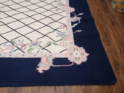 Vintage Dhurrie Rug, Indian Dhurrie 8x11 - 9x11, Wool Hand-Woven Ivory & Black Indo Carpet, Large Flat Weave Rug Living Room Rug Black White - Nuvé