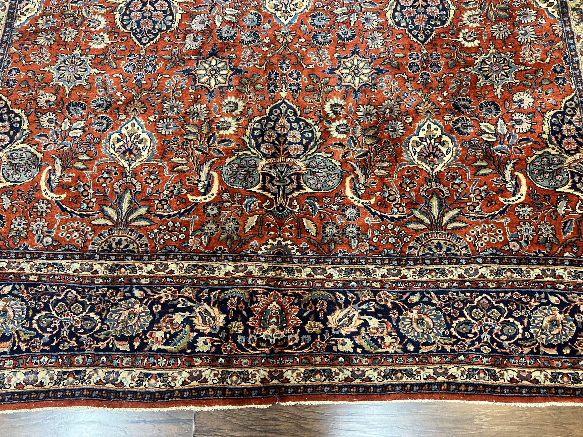 Persian Sarouk Rug 9x12, Red and Dark Blue Floral Allover Antique Persian Carpet, Handmade Wool Qazvin Rug - Nuvé