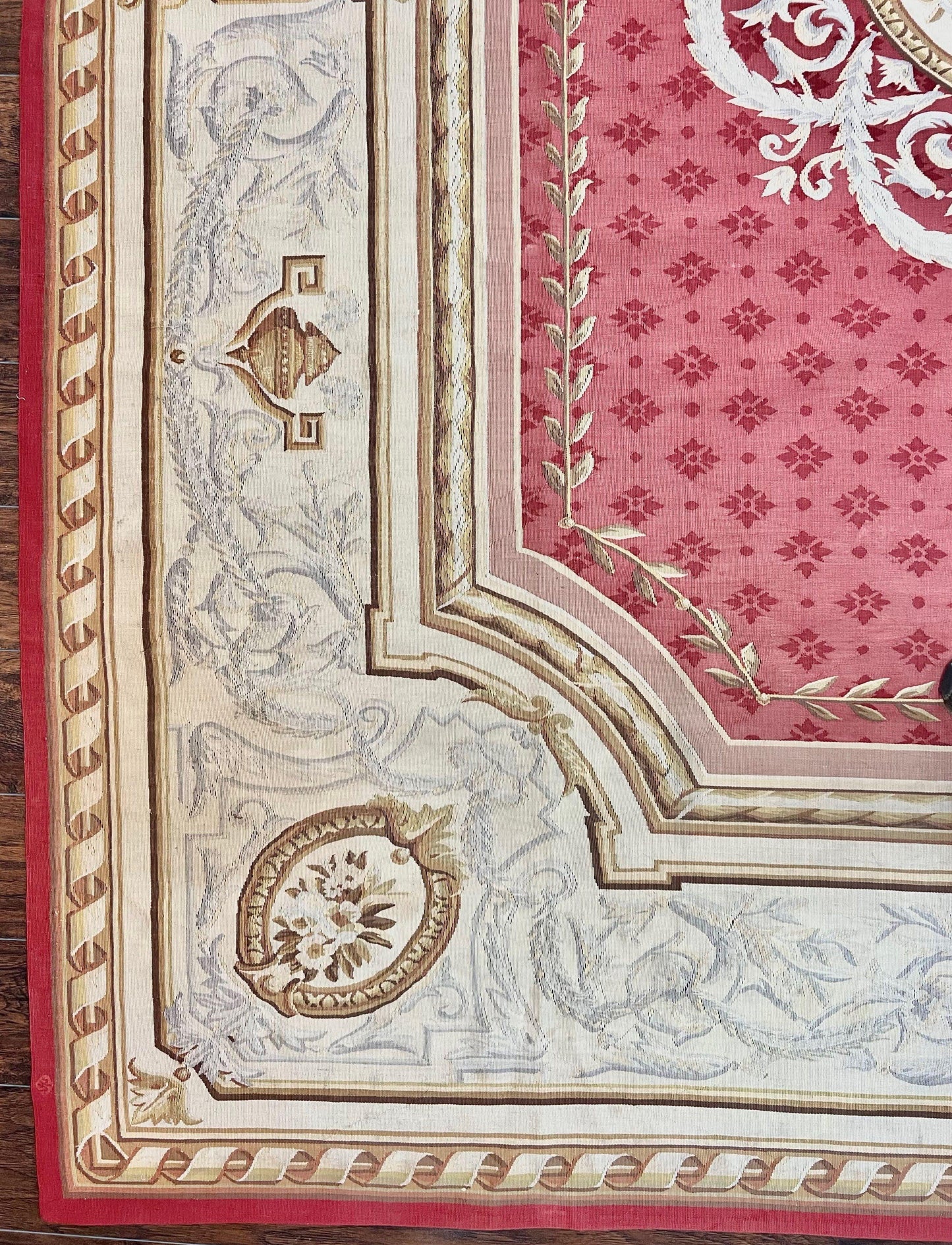 Aubusson Rug 9x12 ft, Red and Ivory Elegant Aubusson Carpet, Flatweave, Vintage Wool Handmade Area Rug 9 x 12, French European Design - Nuvé