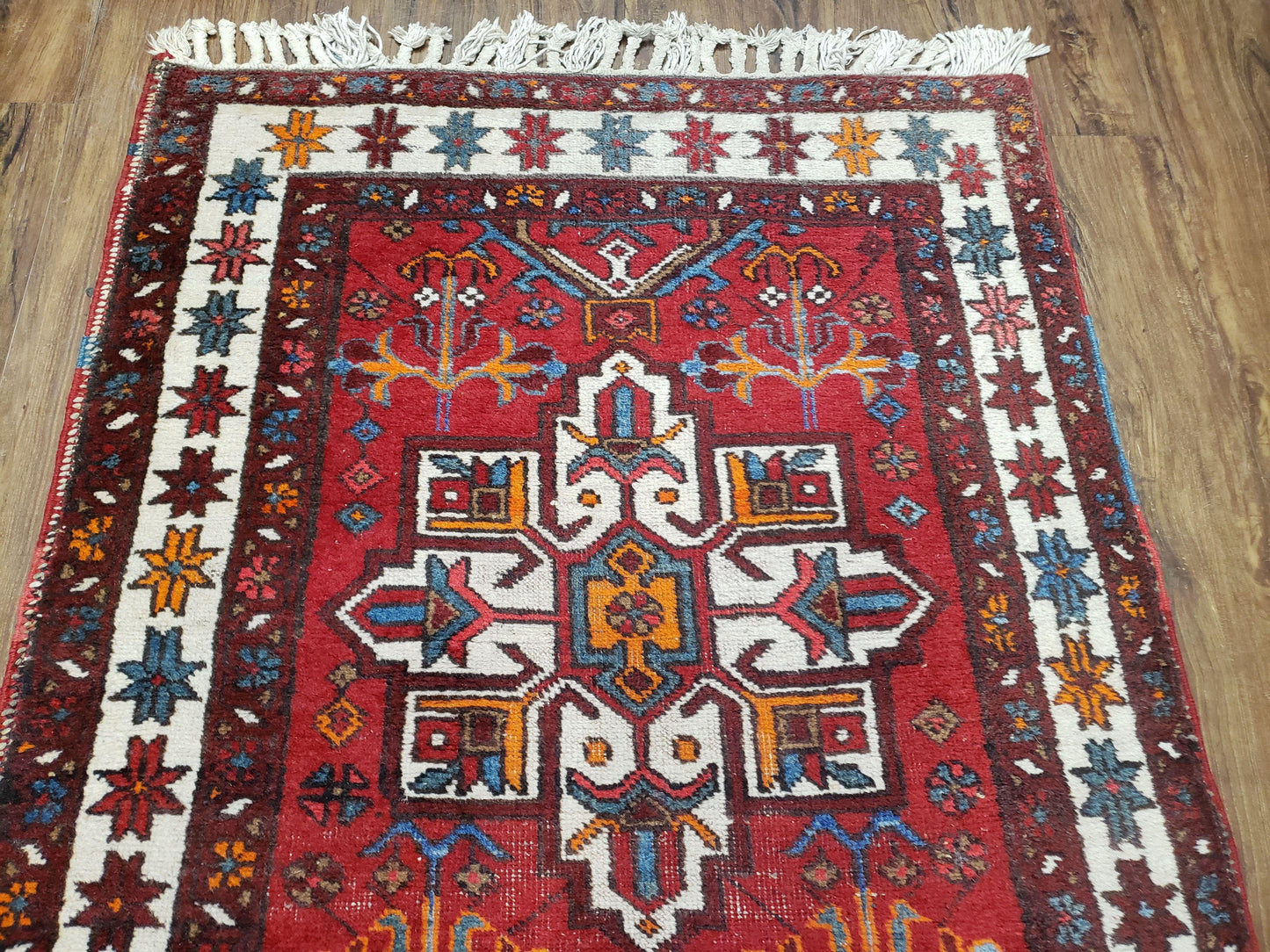 Antique Persian Heriz Karajeh Runner Rug, Red, Hand-Knotted, Wool, 3' 3" x 10' 11" - Nuvé