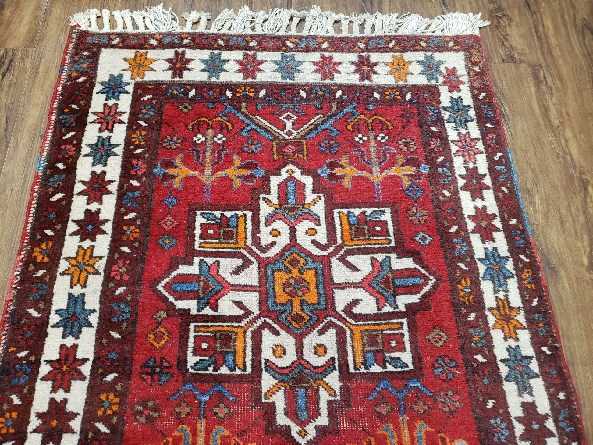 Antique Persian Heriz Karajeh Runner Rug, Red, Hand-Knotted, Wool, 3' 3" x 10' 11" - Nuvé