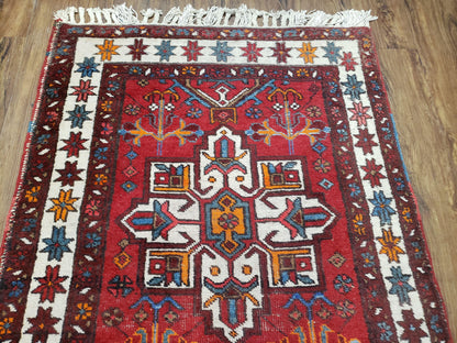 Antique Persian Heriz Karajeh Runner Rug, Red, Hand-Knotted, Wool, 3' 3" x 10' 11" - Nuvé