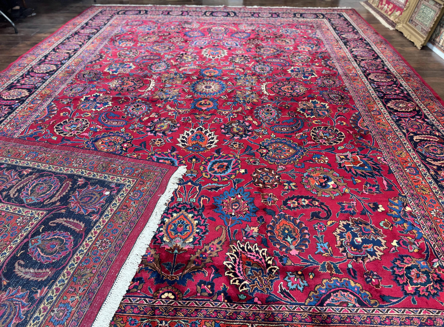 Palace Size Persian Mashad Rug 12x16, Raspberry and Navy Blue, Signature from Master Weaver, Antique Handmade Large Wool Carpet - Nuvé