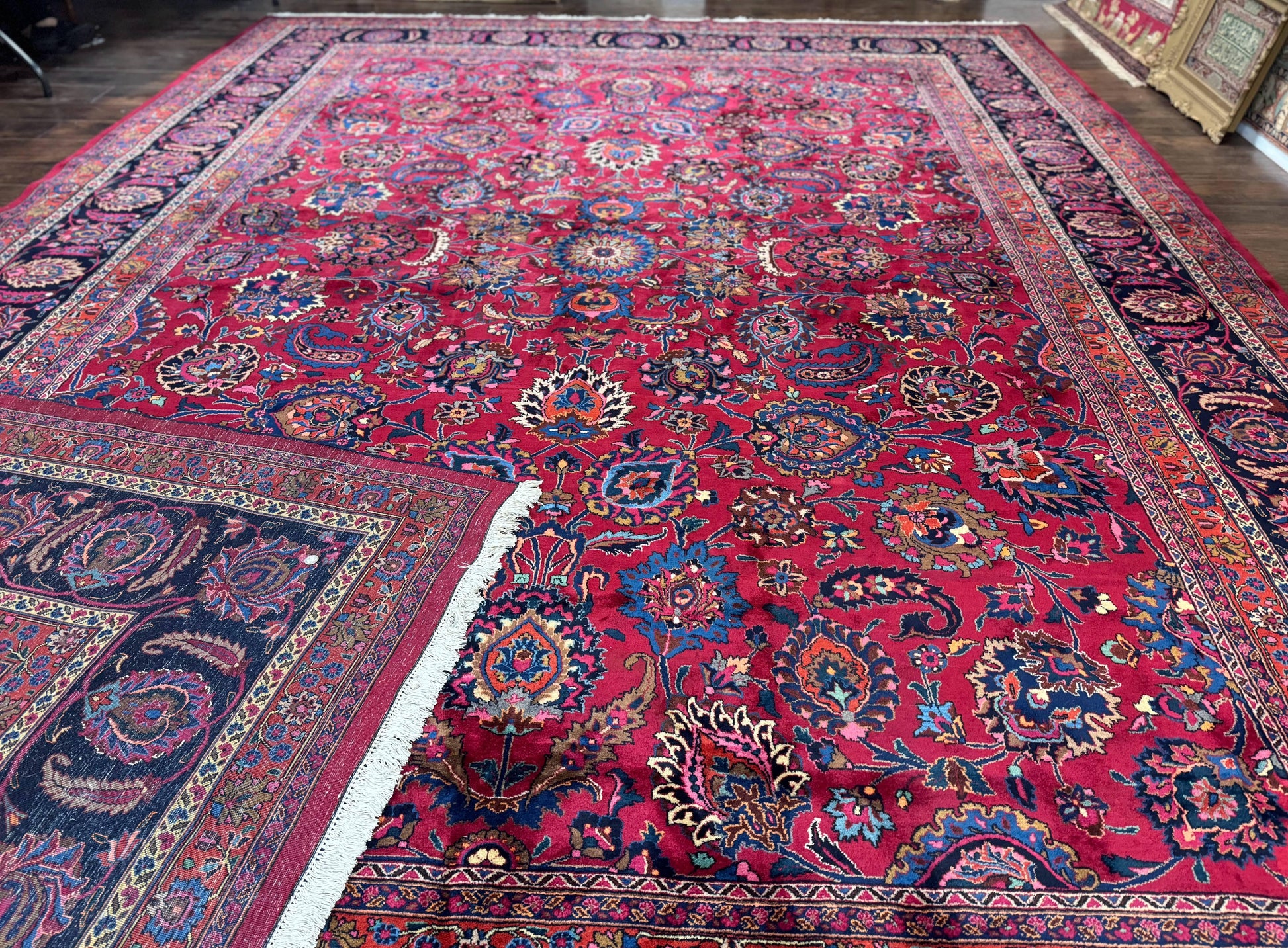 Palace Size Persian Mashad Rug 12x16, Raspberry and Navy Blue, Signature from Master Weaver, Antique Handmade Large Wool Carpet - Nuvé