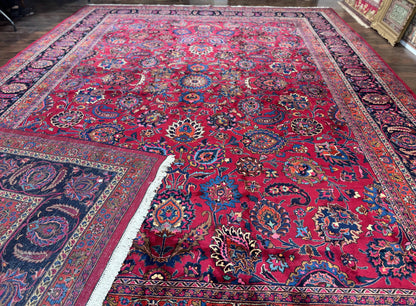 Palace Size Persian Mashad Rug 12x16, Raspberry and Navy Blue, Signature from Master Weaver, Antique Handmade Large Wool Carpet - Nuvé
