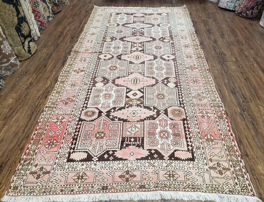 Antique Caucasian Rug 5' 5" x 10' 9", Shirvan Carpet, Wide Oriental Corridor Runner, Quality Handmade Hand-Knotted Wool Rug, Pale Pink Black - Nuvé
