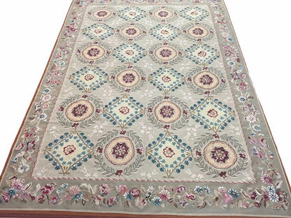 9x13 Needlepoint Carpet, French Design Rug, Hand-Knotted, Brand New Needlepoint Rug 9 x 13, English French European Style, Beige Floral - Nuvé