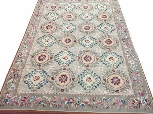 9x13 Needlepoint Carpet, French Design Rug, Hand-Knotted, Brand New Needlepoint Rug 9 x 13, English French European Style, Beige Floral - Nuvé