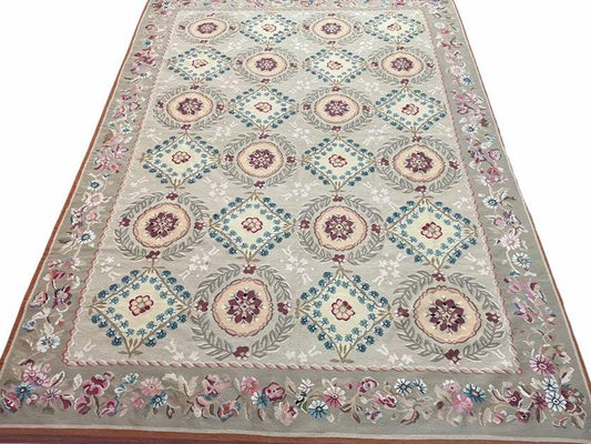 9x13 Needlepoint Carpet, French Design Rug, Hand-Knotted, Brand New Needlepoint Rug 9 x 13, English French European Style, Beige Floral - Nuvé