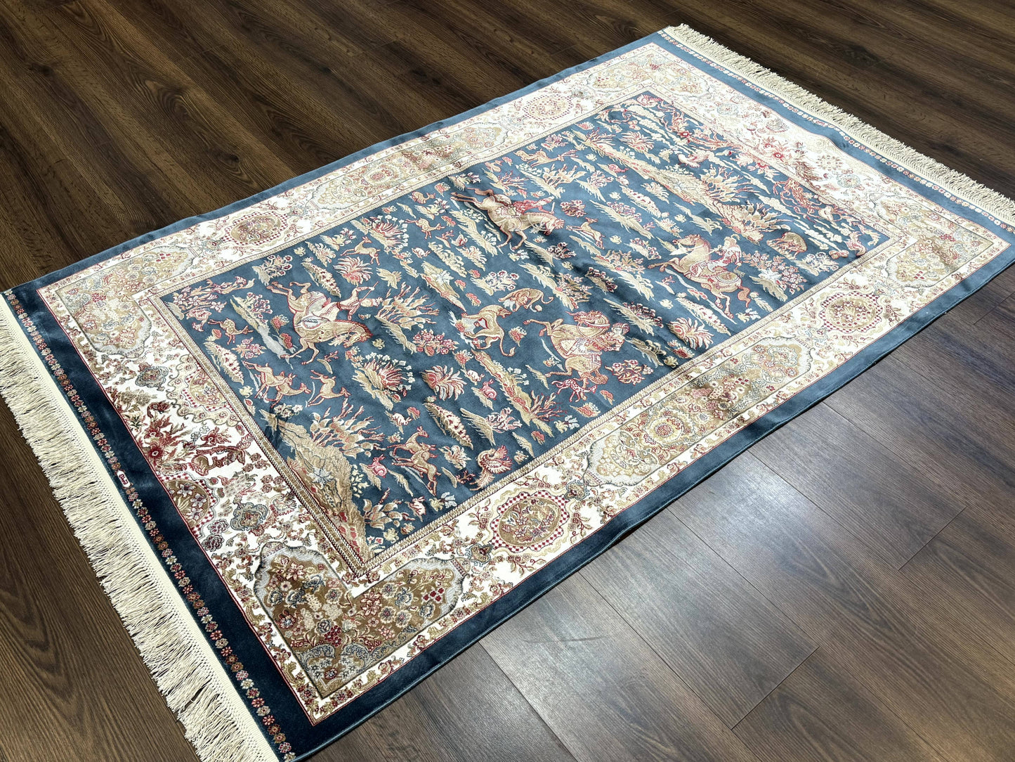 Turkish Silk Hunting Design Rug 4x6, Dark Steel Blue & Ivory, Bamboo Silk, New - Nuvé