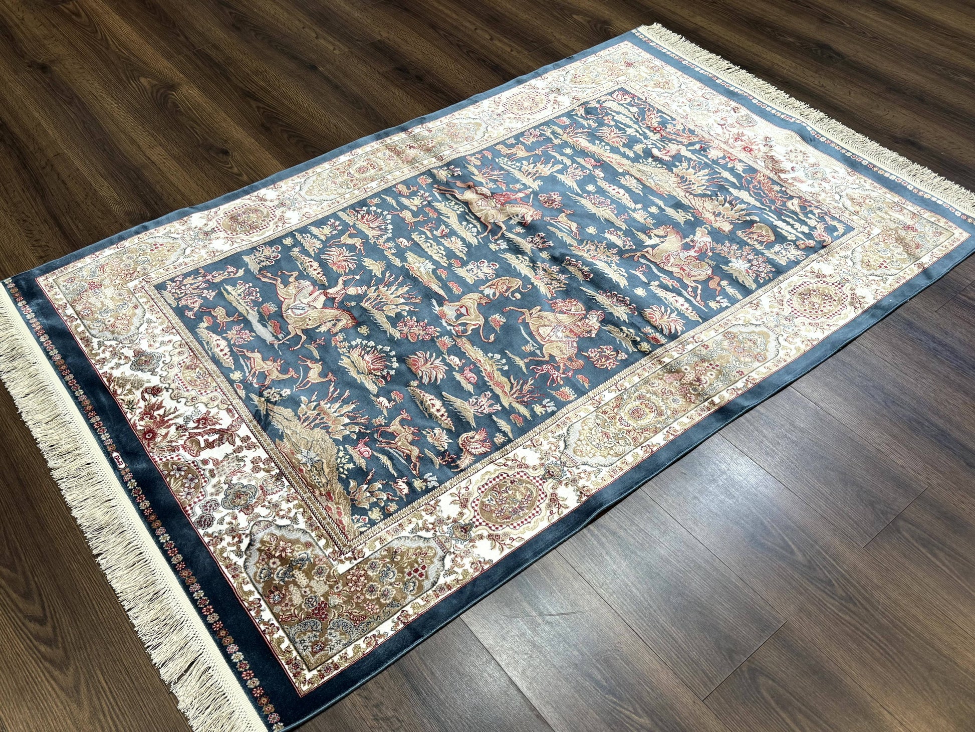 Turkish Silk Hunting Design Rug 4x6, Dark Steel Blue & Ivory, Bamboo Silk, New - Nuvé