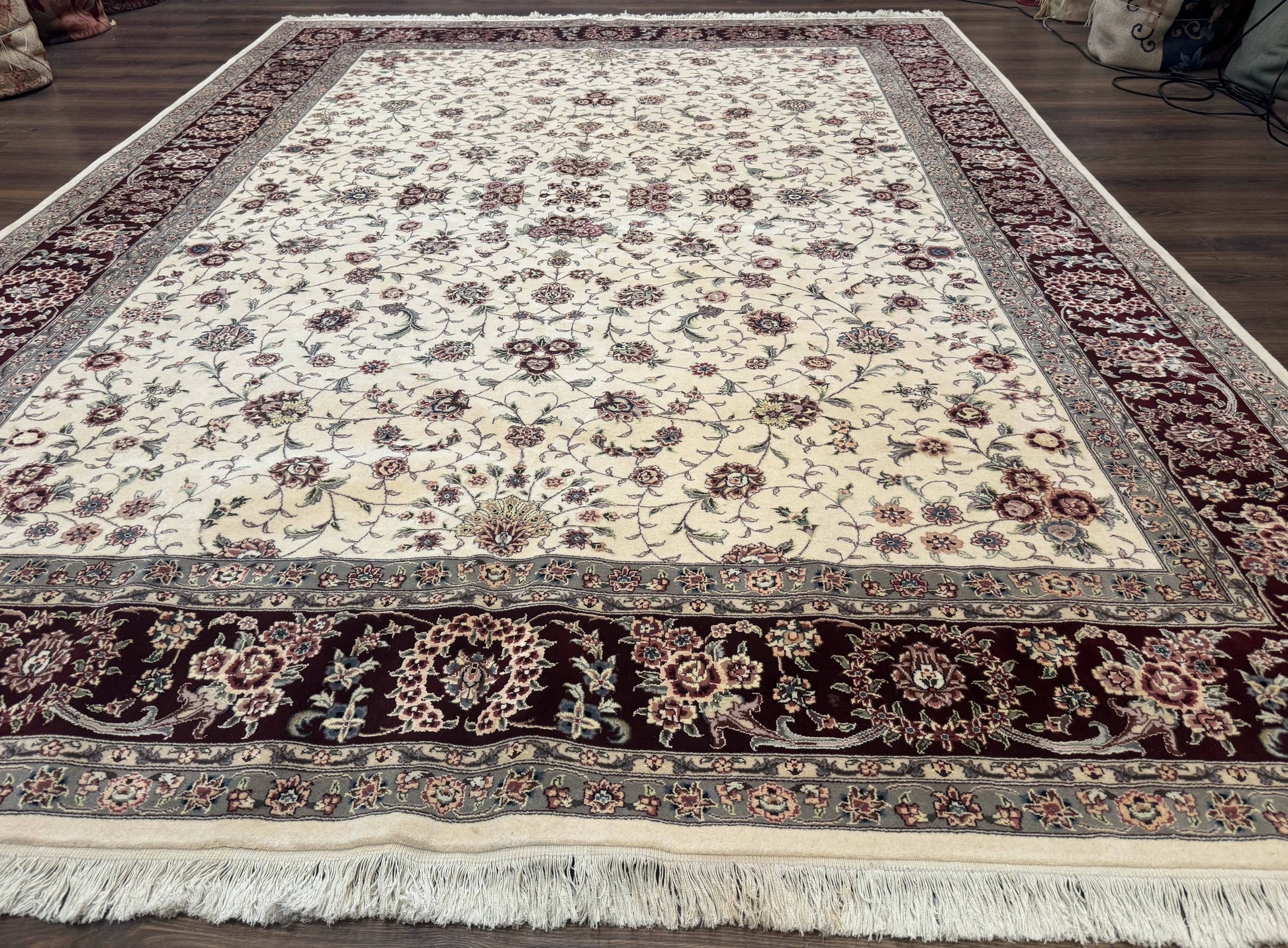 Sino Persian Rug 9x12, Floral Allover Design, 170 KPSI, Ivory and Dark Maroon - Nuvé