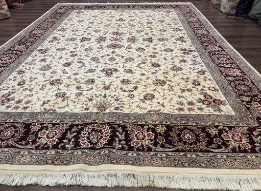 Sino Persian Rug 9x12, Floral Allover Design, 170 KPSI, Ivory and Dark Maroon - Nuvé