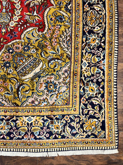 Wonderful Persian Qum Rug 10x14, Wool w/ Silk Highlights, Hand Knotted Semi Antique Vintage Carpet, Red, Floral, Fine Weave, Birds Deer Pictorials - Nuvé