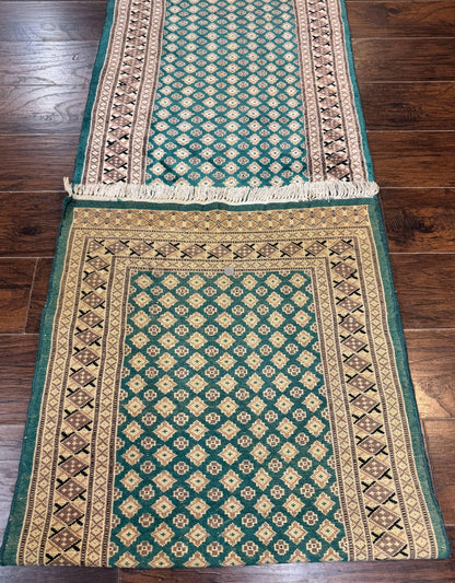 Long Pakistani Runner Rug 2.8 x 20, Hand Knotted Vintage Wool Hallway Rug, Turkoman Rug, Teal and Tan, Handmade Vintage Wool Runner - Nuvé