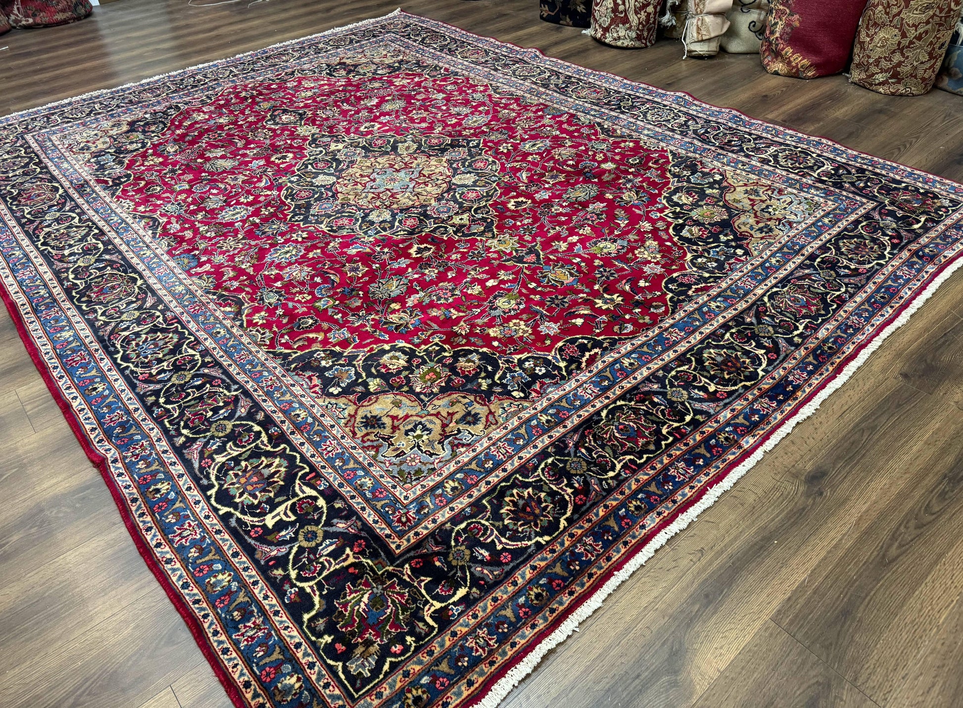 Traditional Persian Rug 8x11, Red Navy Blue, Floral Medallion, Antique Persian Mashad Carpet, Wool - Nuvé