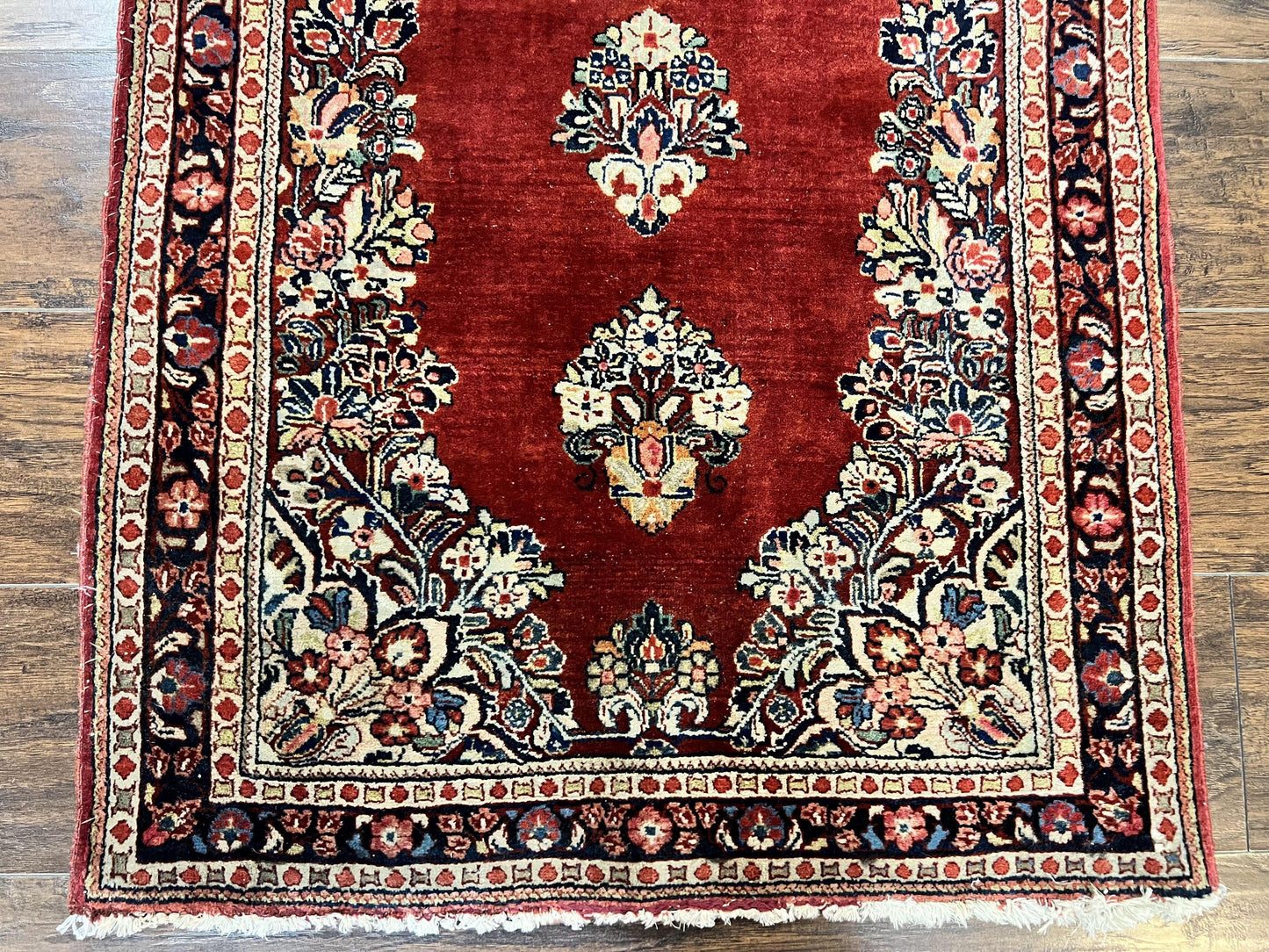 Persian Sarouk Runner Rug 2.7 x 6, Semi Open Field, Red, Handmade Hand Knotted, Wool Oriental Carpet, Vintage Semi Antique - Nuvé