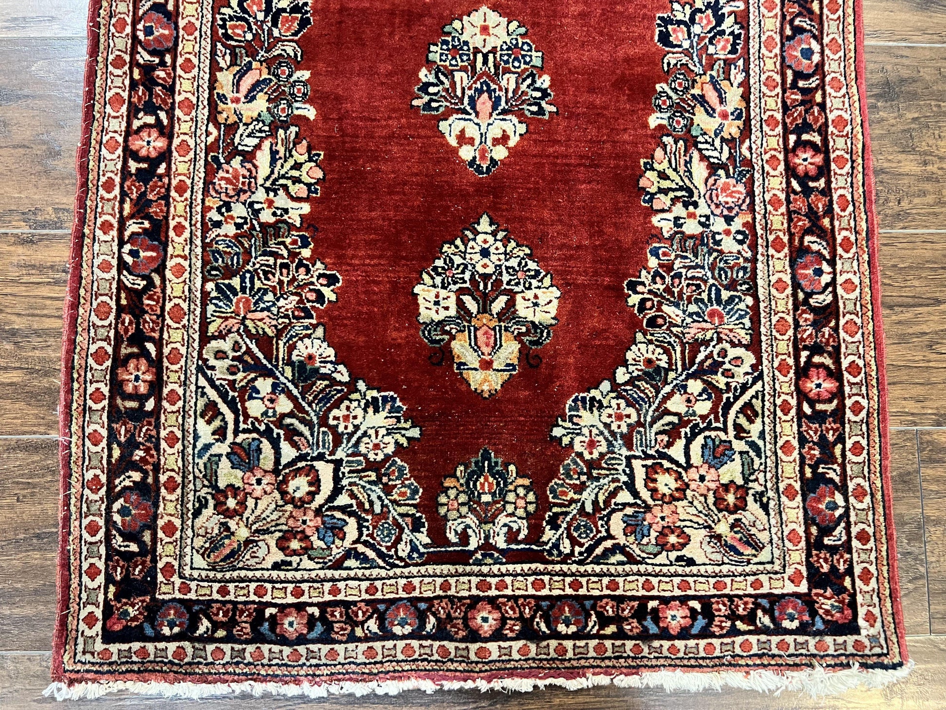 Persian Sarouk Runner Rug 2.7 x 6, Semi Open Field, Red, Handmade Hand Knotted, Wool Oriental Carpet, Vintage Semi Antique - Nuvé