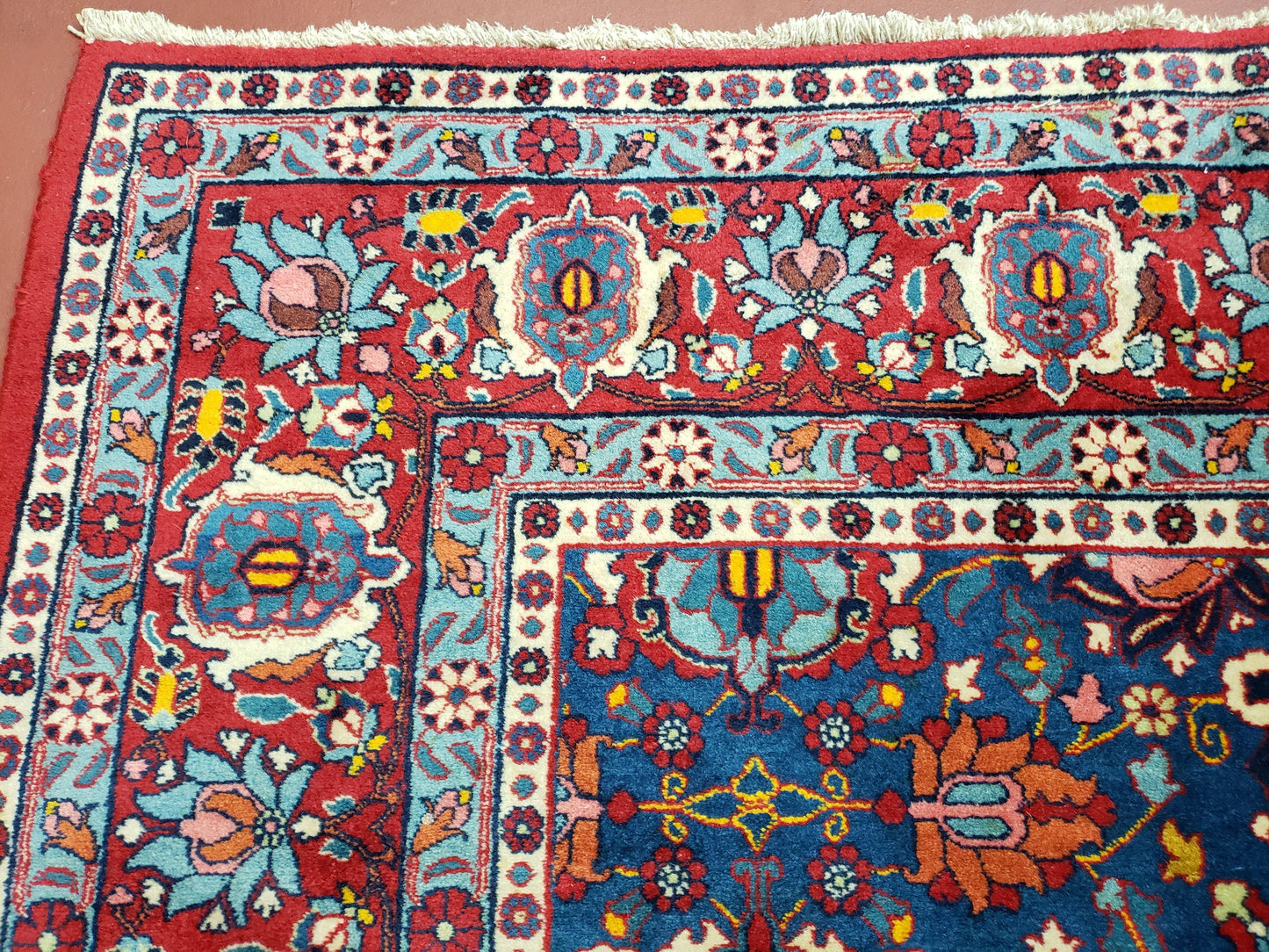 Rare Antique Persian Veramin Carpet, Mina-Khani Pattern, Blue, Red, Ivory, 7x11 ft, Hand-Knotted, Wool - Nuvé